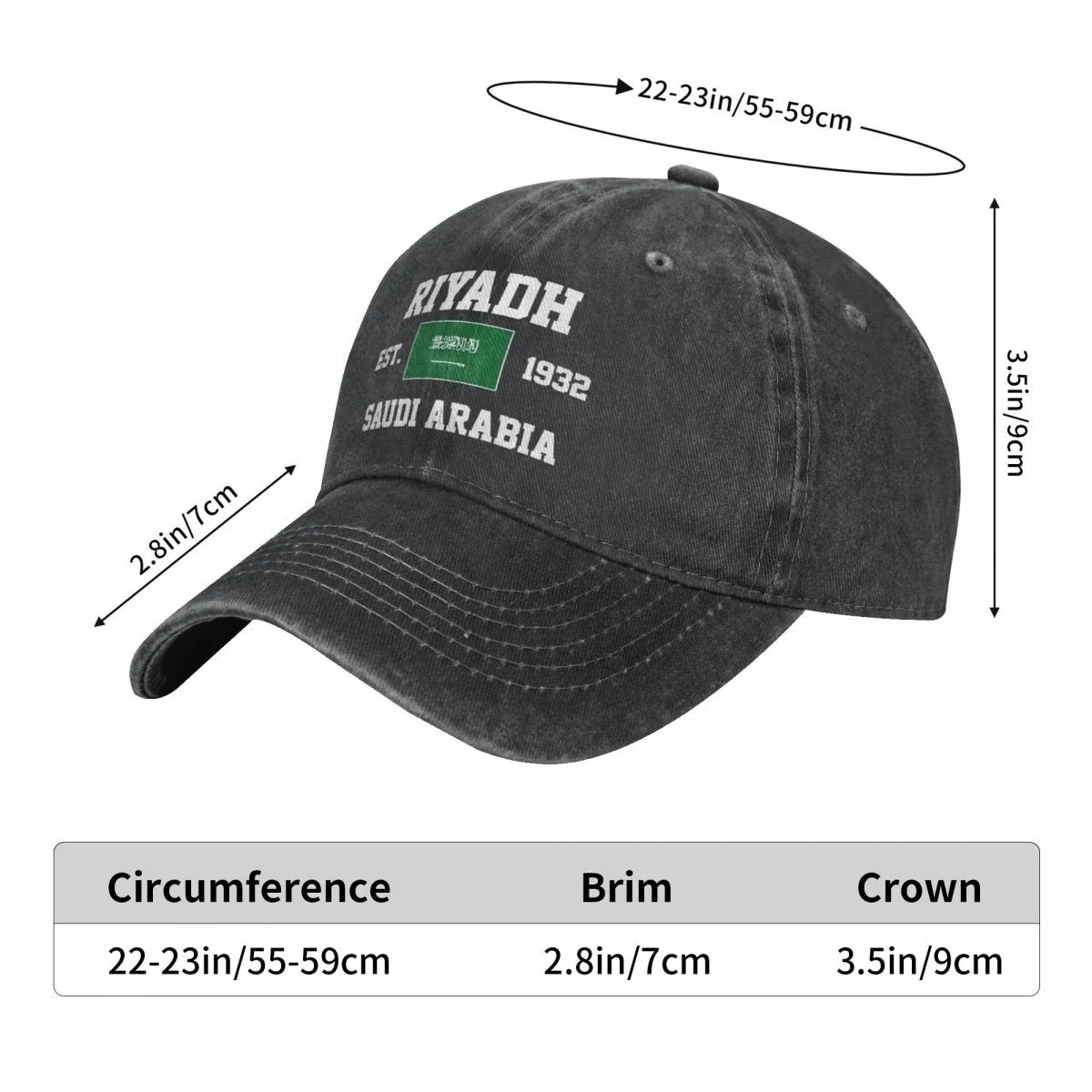 Flag of Saudi Arabia EST.1932 Riyadh Unisex Adult Charcoal Washed Denim Baseball Cap Men Vintage Cotton Patriotic Trucker Hat