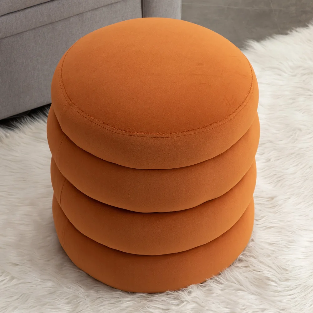 

Soft Velvet Round Ottoman Footrest Stool, Orange Upholstered Ottoman Stool for Bedroom End of Bed Entrance Living Room