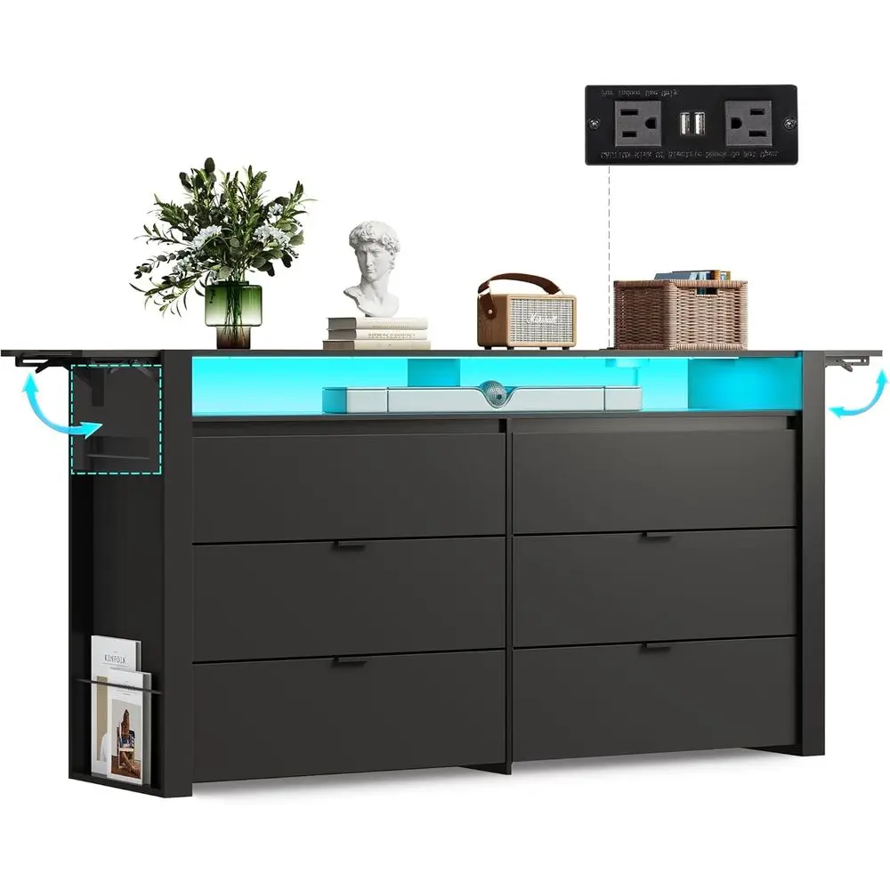 

78 Inch Dresser for Bedroom, Large Chest of Drawers Expandable Black Wood Dresser from 5'3 to 6'5'' with Flexible Shelves and Ha