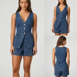 Vintage Blue Denim Sleeveless Single Breasted Tops Women's Suit Summer 2025 Sleeveless Jean Jacket Top Shorts Sets 2 Piece Sets