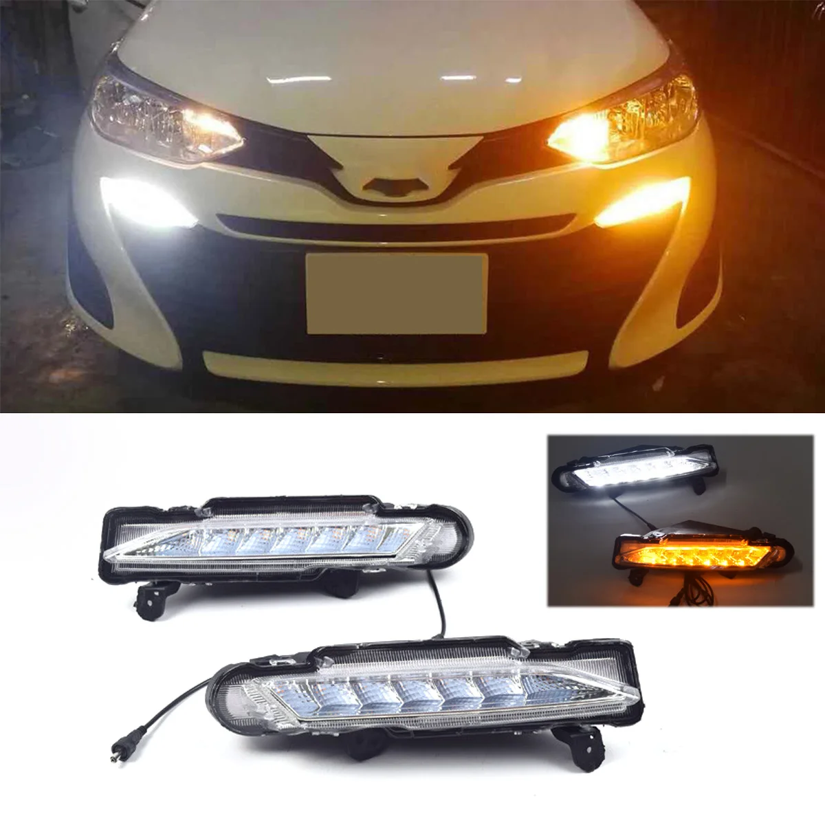 2PCS LED DRL Daytime Running Lights w/ Turning Signal Fog Lamp for Toyota Yaris 2017 2018 2019 Car Accessories