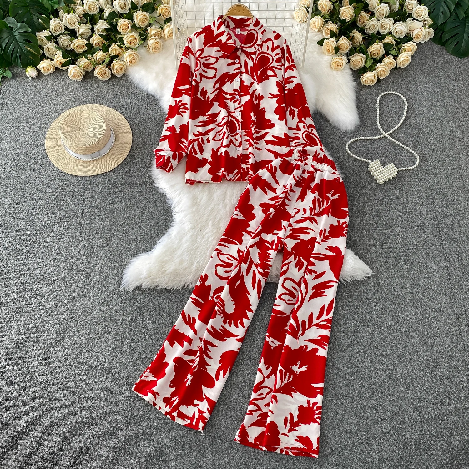 

Summer Fashion Printed Two-piece Sets for Women Turn Down Collar Long Sleeve Shirt+High Waist Casual Wide Leg Long Pant