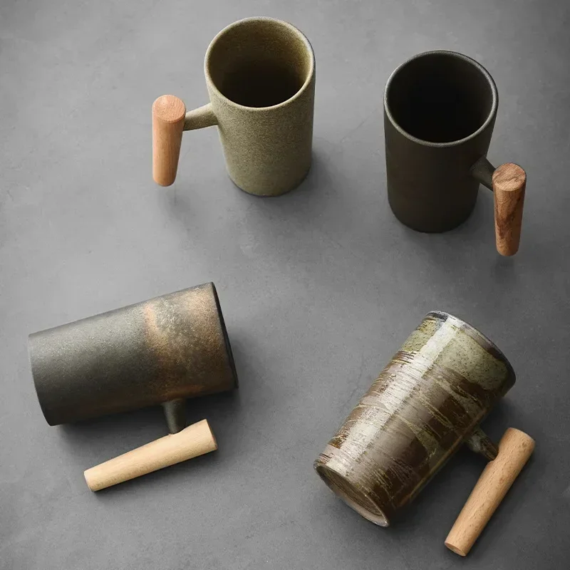 

Japanese Style Handmade Stoneware Coffee Cup Hand Punch Vintage Kiln Baked Wooden Handle Mug Personality Couple Household Water