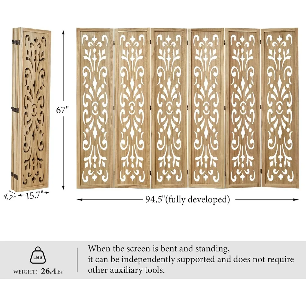 مقسم غرفة خشبي كلاسيكي منحوت مكون من 6 ألواح قابلة للطي لحديقة المكتب المنزلي - لمسة نهائية طبيعية