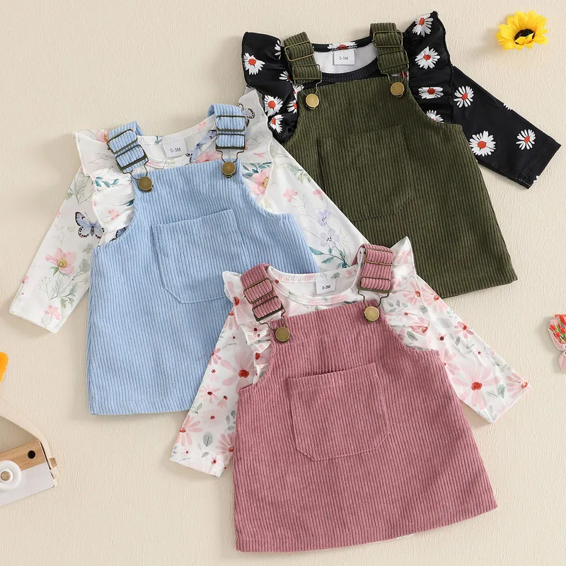 0 to 18 Months Baby Girl Dress Sets Spring Autumn Clothes Floral Long Sleeve Ruffled Bodysuit Corduroy Overalls Skirt