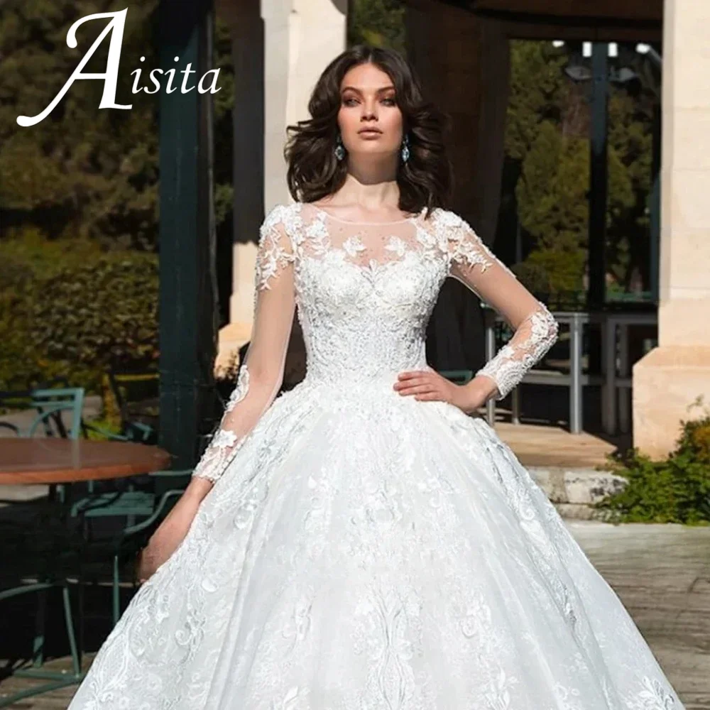فساتين زفاف مخصصة على شكل كرة رقبة دائرية وأكمام طويلة فستان عروس على شكل حرف a دانتيل زينة فستان زفاف فيستدو دي نوفيا