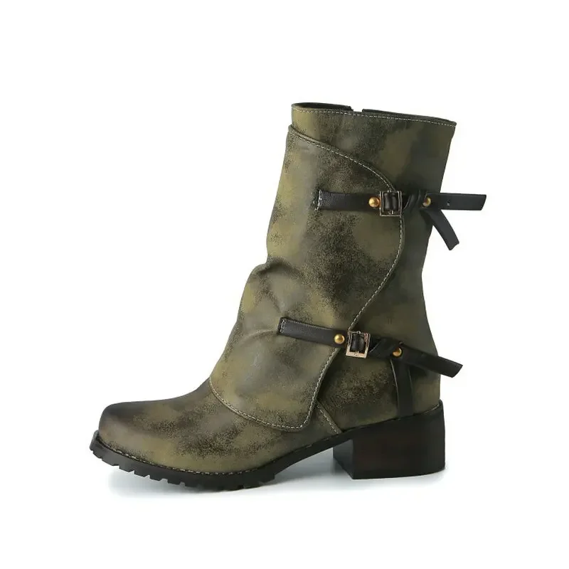 

Winter Olive Army Green Womans Shoes Combat Buckle Strap Chunky Low Heels Mid-calf Womens Riding Riding Western Boots