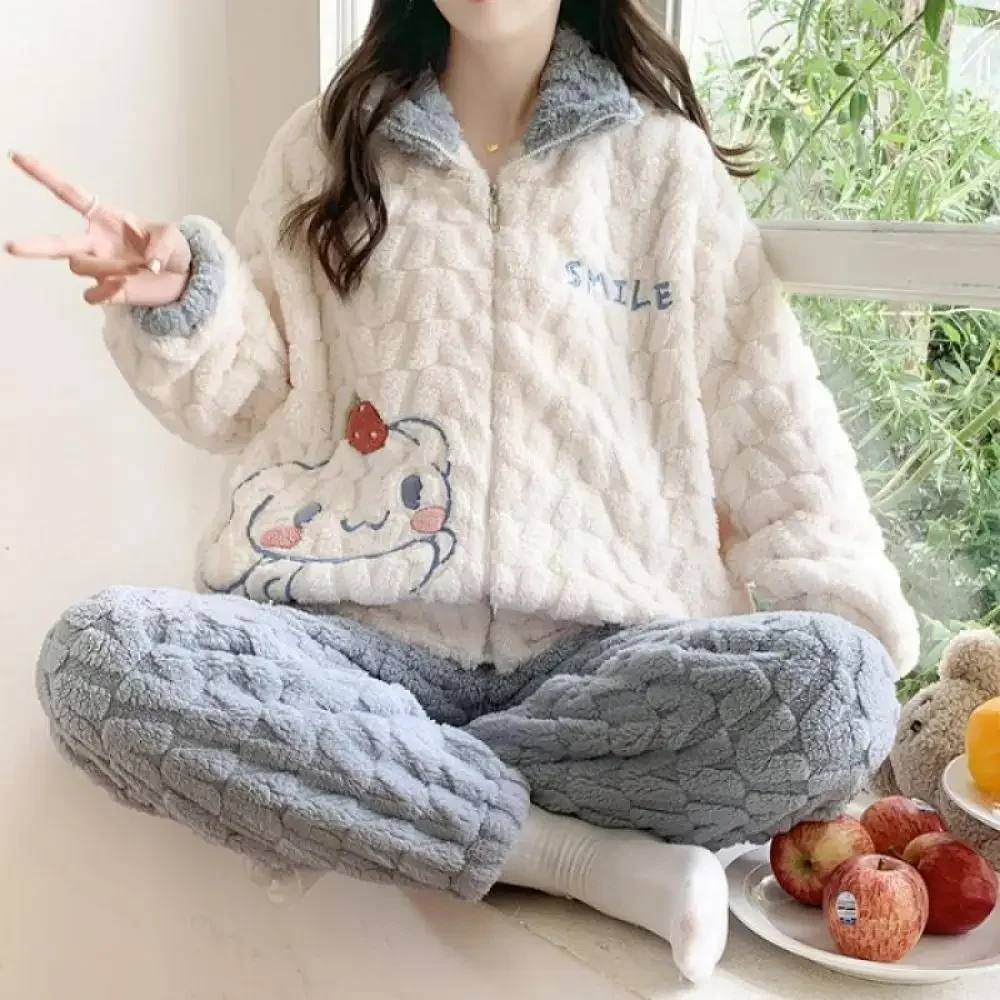 

Anime Cinnamoroll Nightwear Cartoon Hangyodon Women Plush Pajamas Suit Kuromi Homewear Winter Thickening Girls Cute Sleepwear