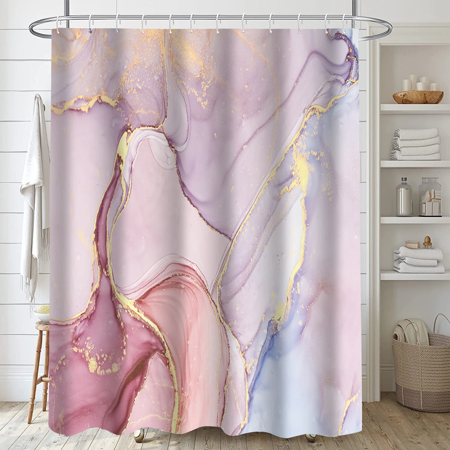 Marble Texture Pattern Modern Digital Printing, Hook Shower Curtain, Polyester Waterproof Bathroom Shower