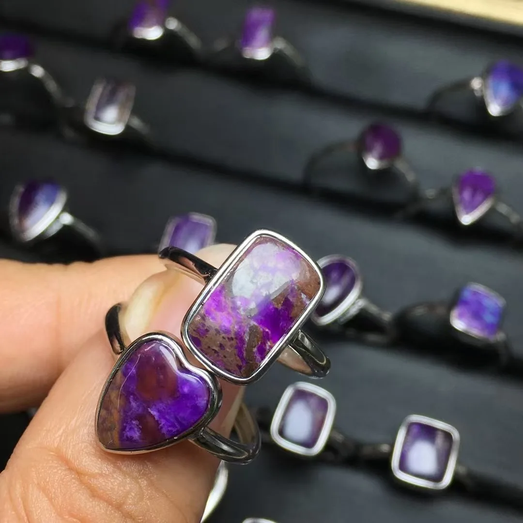 1 Pc Fengbaowu Natural Sugilite Heart Ring 925 Sterling Silver Resizable Reiki Healing Stone Jewelry Gift For Women