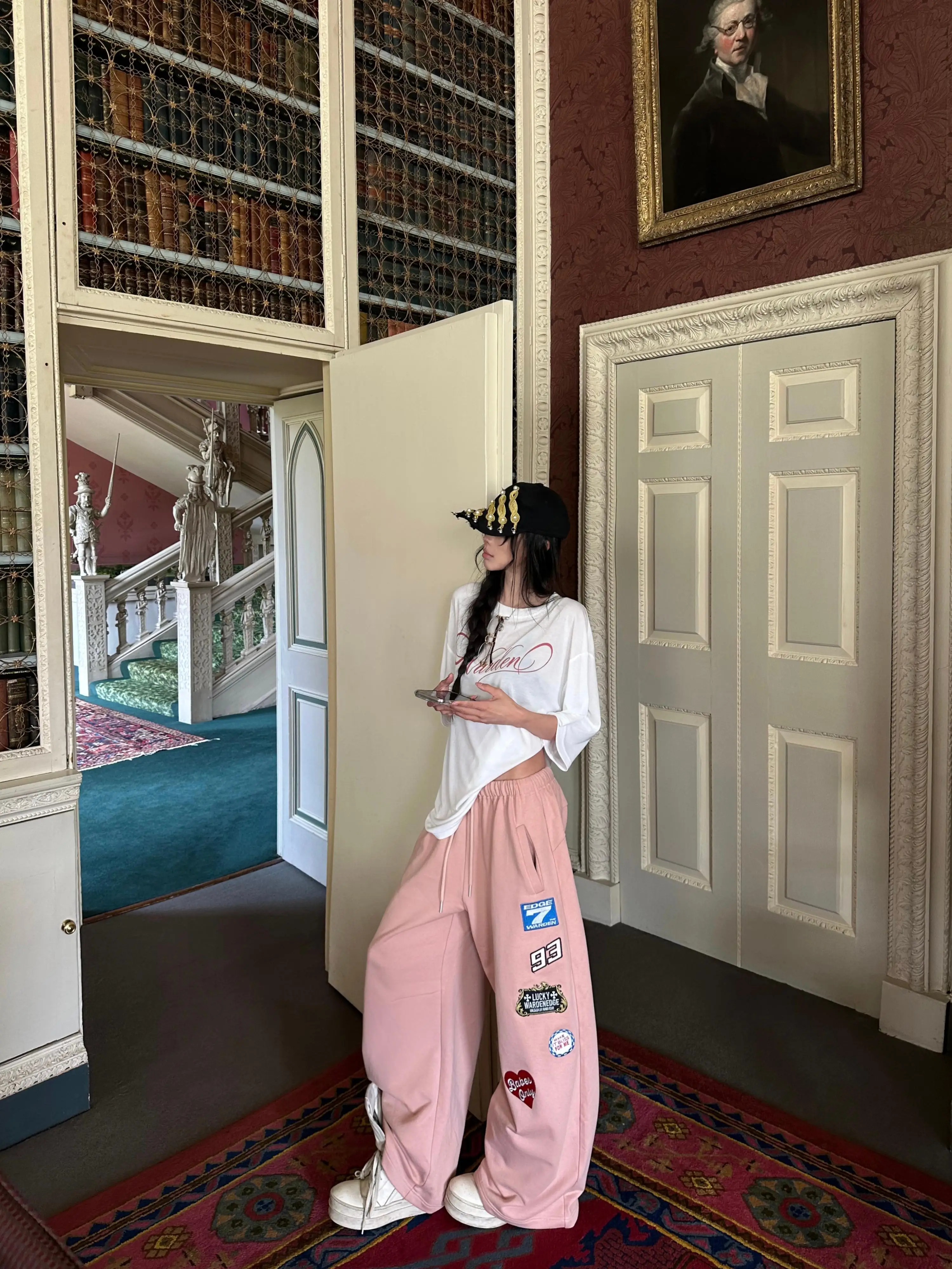 Warden  Casual Pants Women's Loose Straight Leg Cotton Drawstring Embroidered Pink Casual Trousers Summer Fashion