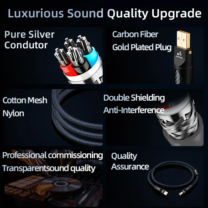 HiFi USB 2.0 Type A to B Audio Cable High Quality Pure Silver USB Cable for DAC Sound Card Amplifier