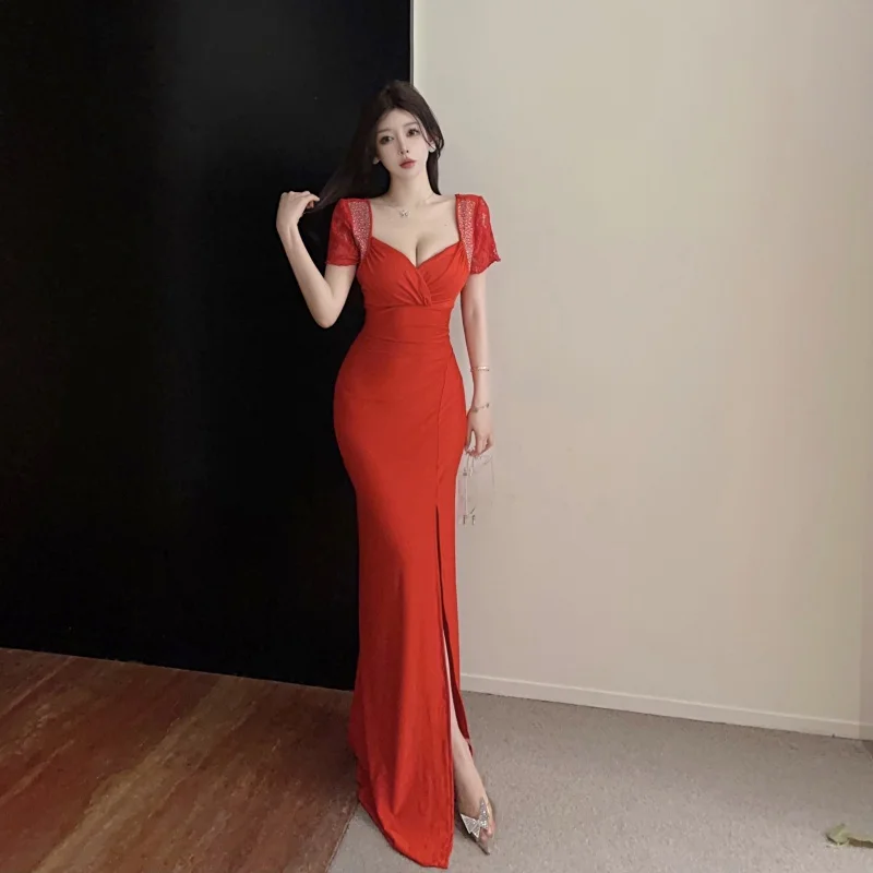 Yanling Summer New Elegant Sexy Socialite Retro Deep V Slit Slim-Fitting Long Dress Red High-End Dress