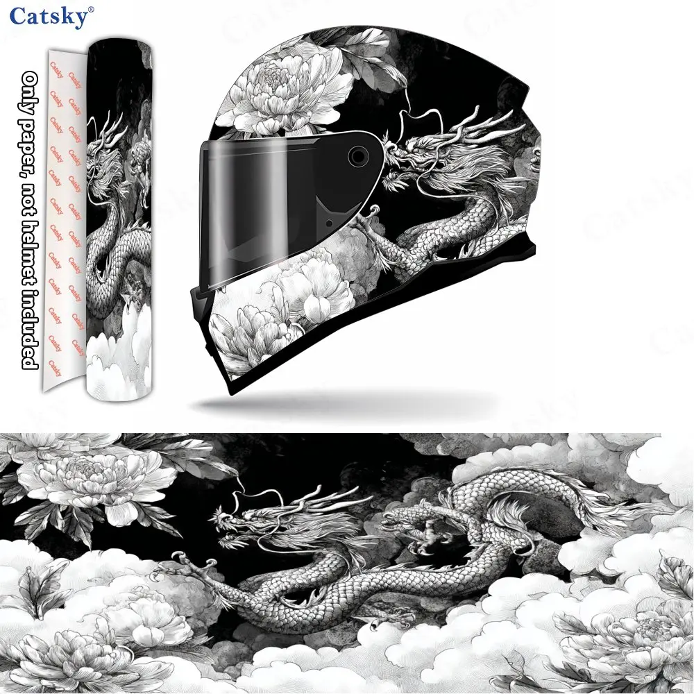

Ink Dragon Shadow and Peony Helmet Vinyl Wraps, Waterproof Scratch-Resistant Full Face Helmet Decals, Durable PVC Decoration Pro