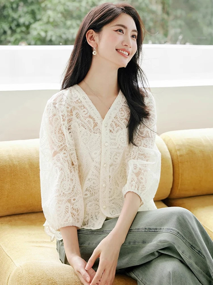 Elegant Hollow out V-Neck Seven Sleeve Lace Hook Shirt Slimming Single Button Chic Top Commute Style Loose Fit Fashionable Su...