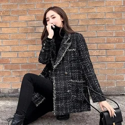 Tweed Plaid Suit Jacket Women Outwear Loose Mid-Length Double-Breasted Casual Woolen Blazer Top 2024 Spring Autumn New Chic Suit