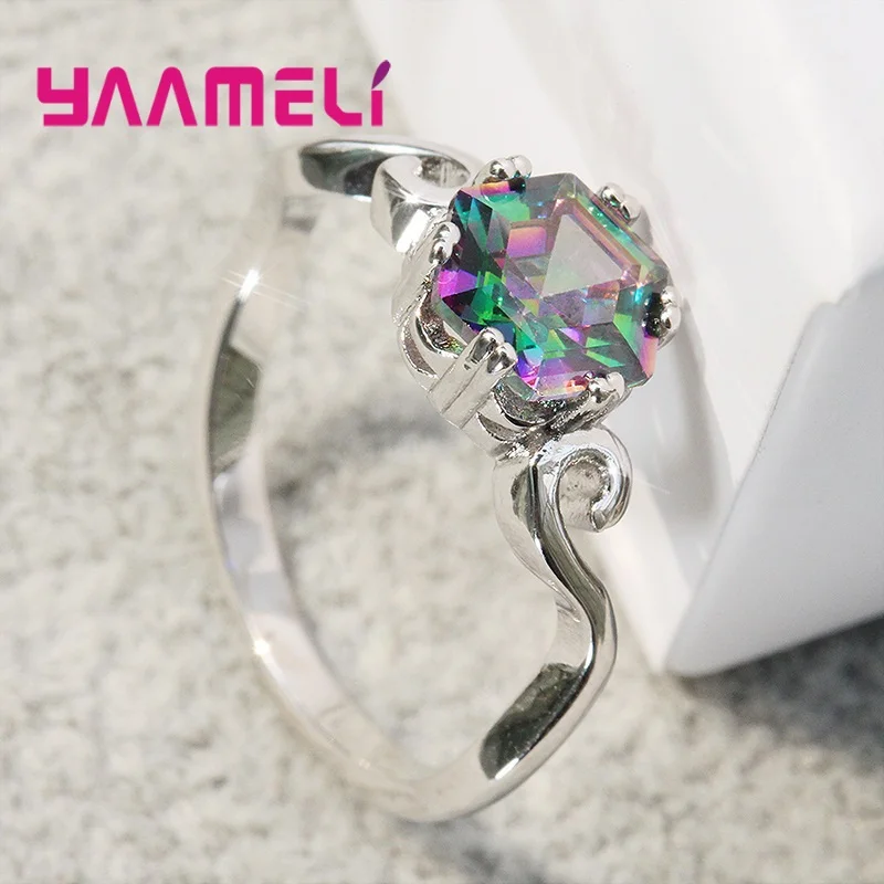 Round Mystic Rainbow Cubic Zircon Charms Wedding Band Ring Shining 925 Silver Needle Big Stone Unisex Jewelry for Women Men