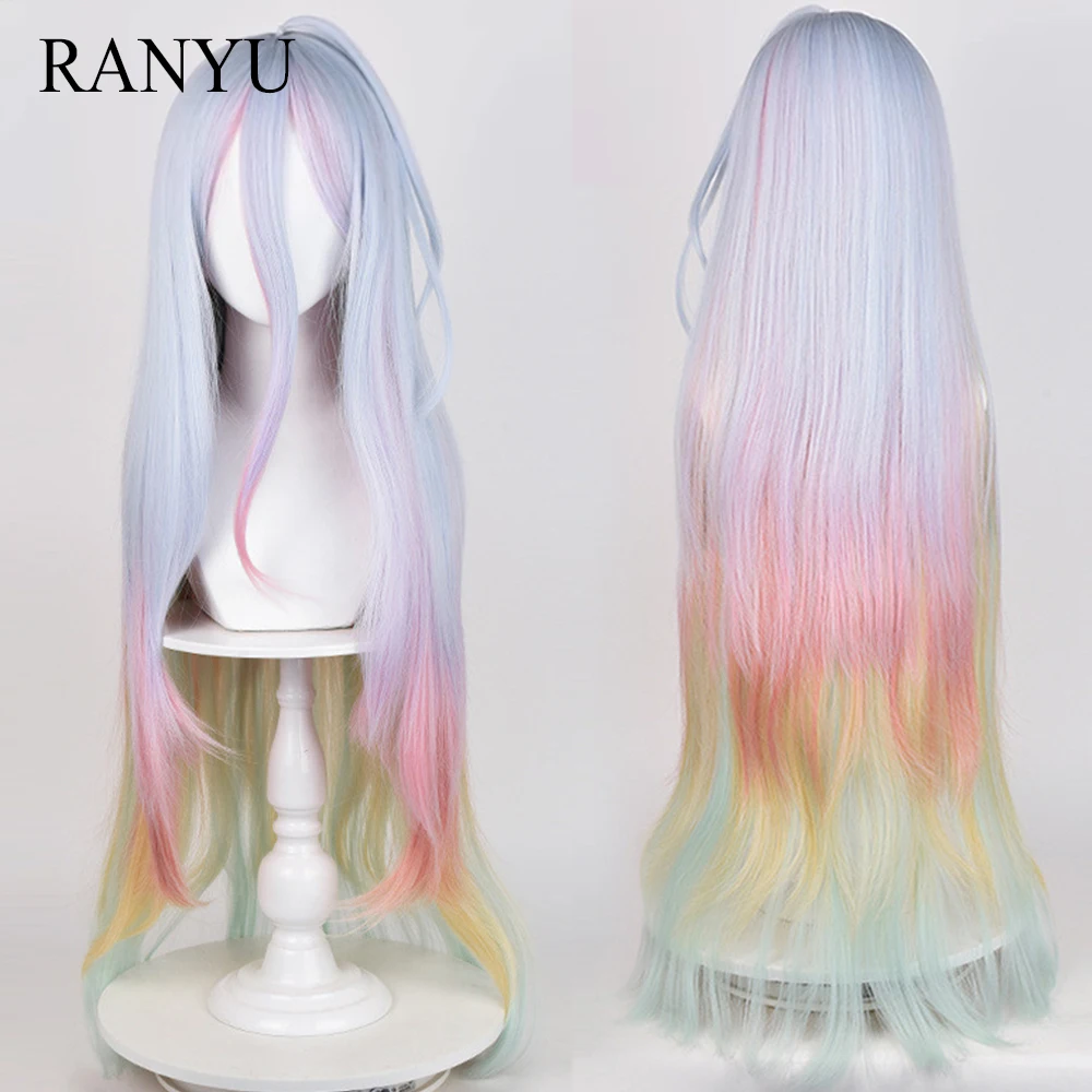 Synthetic Long Straight Blue Ombre Pink Layered Wig Fluffy Anime Game Cosplay Women Heat Resistant Wig for Daily Party