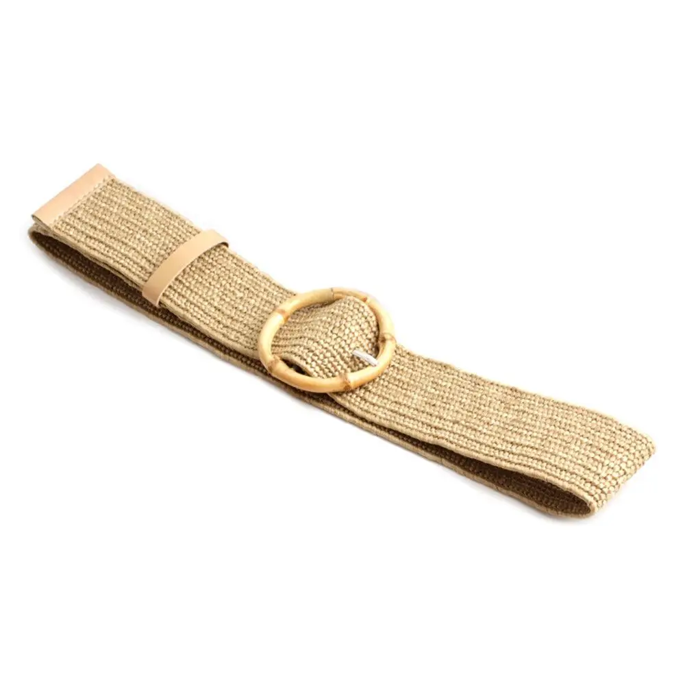 Casual Bohemian Wide Waistbelt Straw Belt Wooden Buckle Elastic