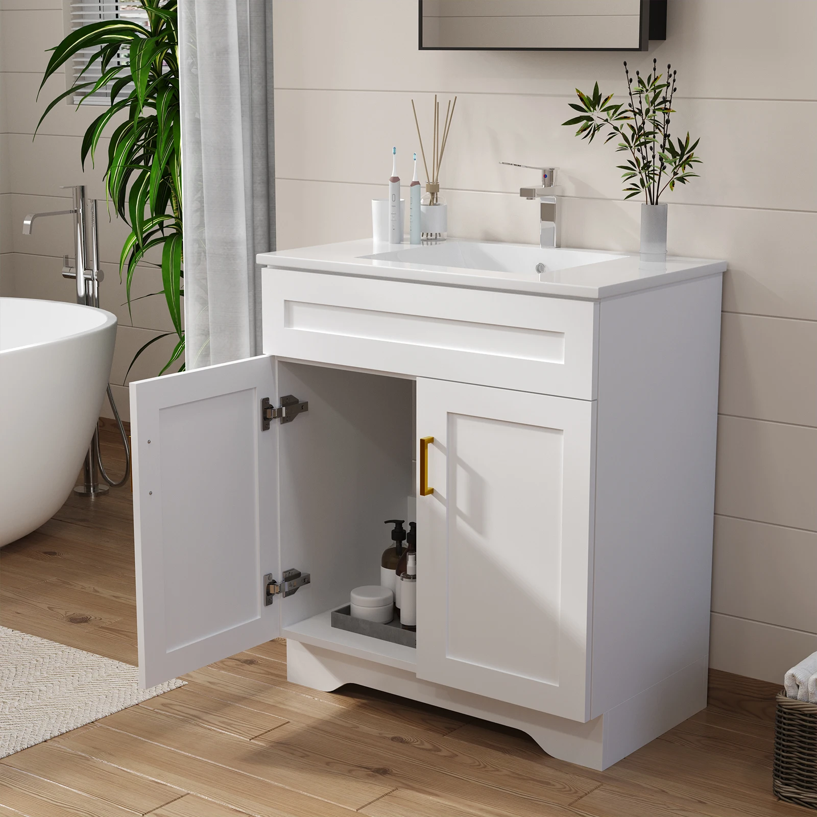 30in Freestanding Bathroom Vanity With Drawer And Double Door Storage Modern Floor‑Mounted Unit Bathroom Large Capacity Vanity With Sink
