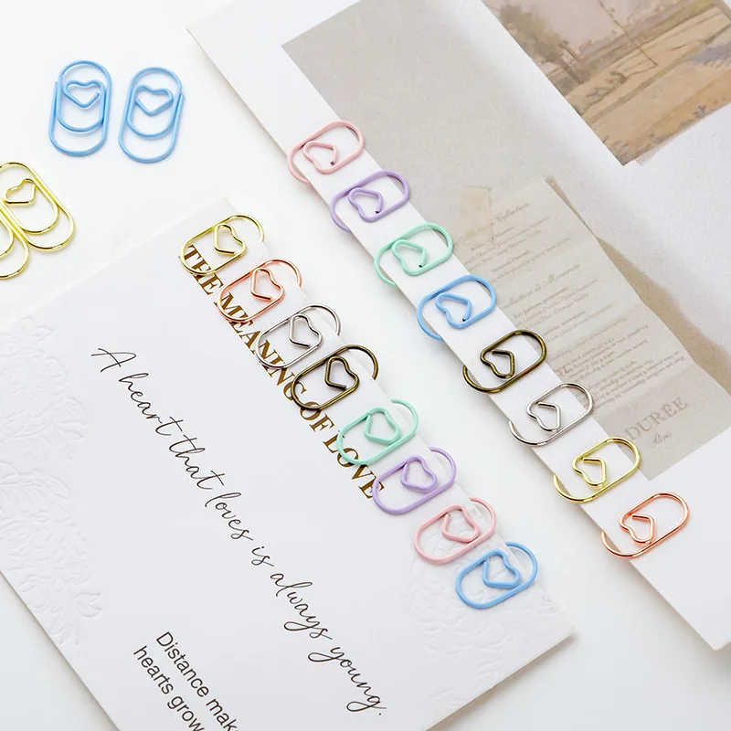 50개 메탈 마카롱 하트 모양 종이 클립 골드 로즈골드 미니 책갈피 티켓 사진 바인더 클립 패치워크 클립 사무용품
