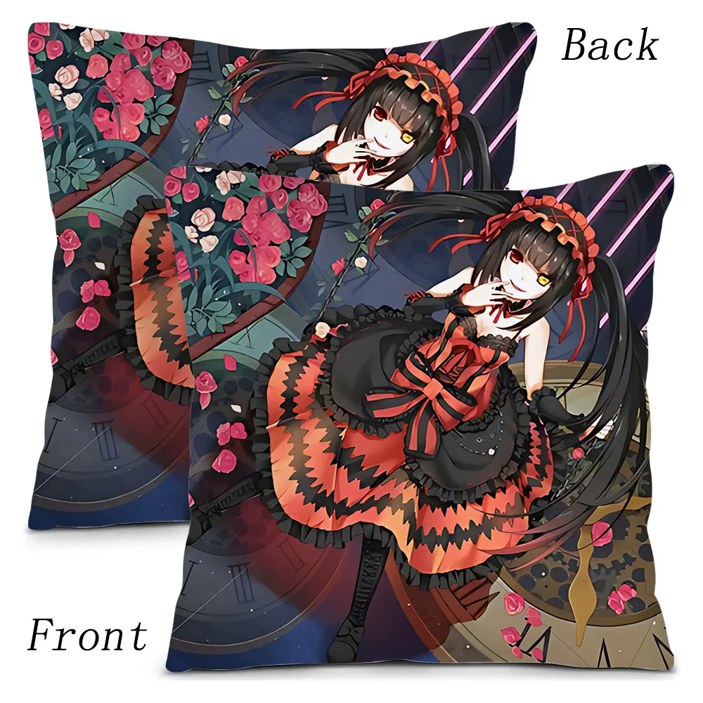 Fundas de almohada de dibujos animados Tokisaki Kurumi Kawaii, funda de cojín de felpa corta con estampado de doble cara, sofá decorativo para el hogar