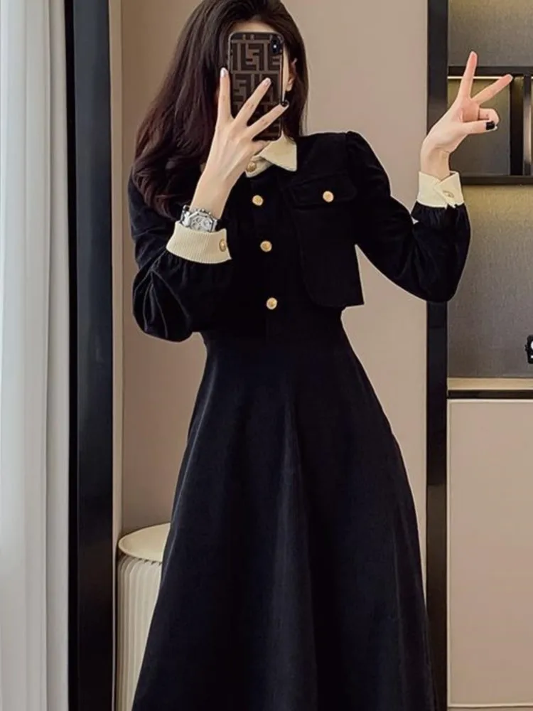 Women\'s Elegant Midi Dress Long Sleeve Fake Two Piece Set High Waist Dresses Korean Vintage Patchwork Fashion Spring Autumn New