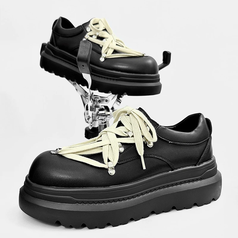 mens casual hip hop rock original leather shoes lace-up oxfords shoe black designer platform sneakers stylish chunky footwear