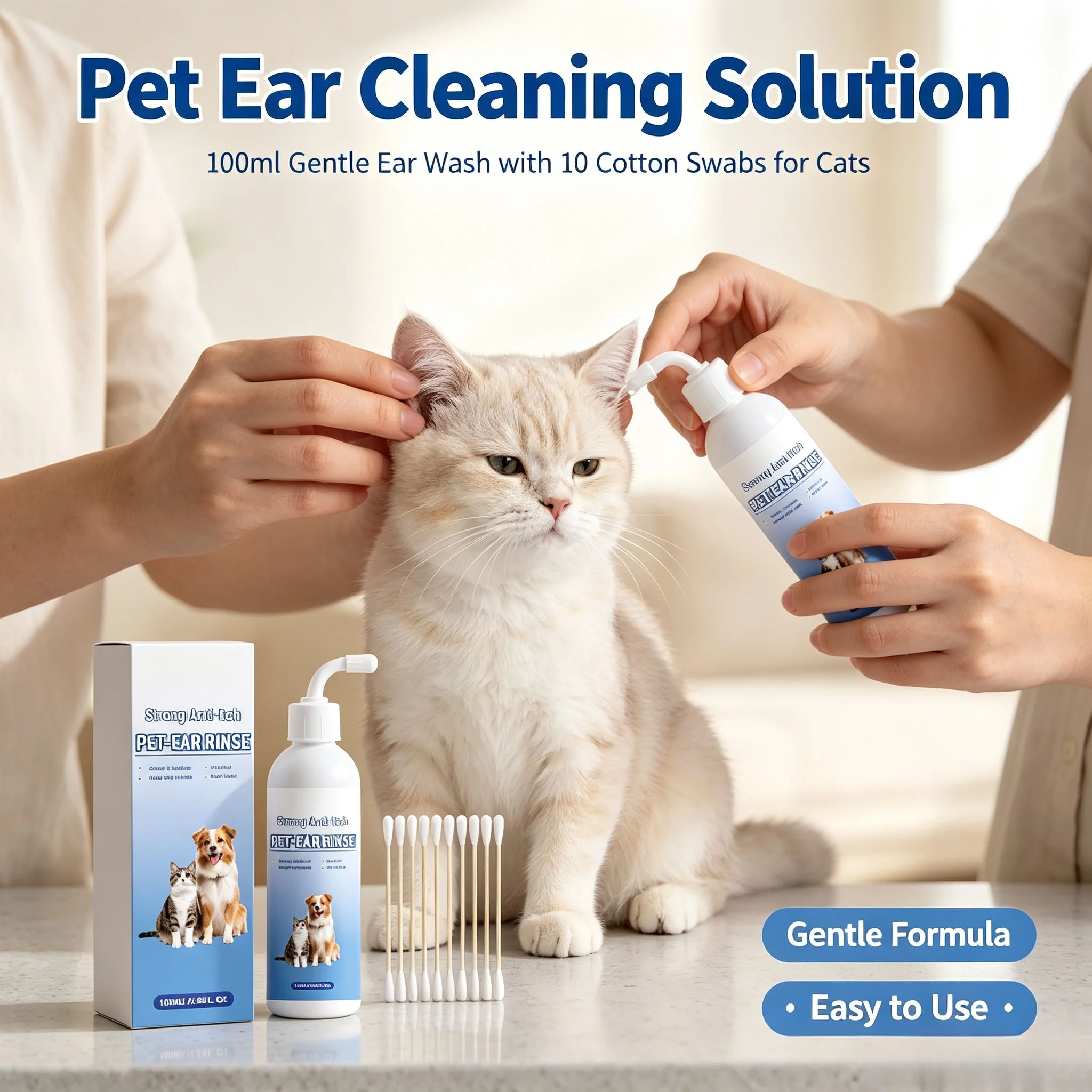 Pet Ear Cleaning Solution with 10 Cotton Swabs Mild Dogs Cats Remove Ear Wax Dirt Itching Daily Ear Care Pet Ear Cleaner Liquid