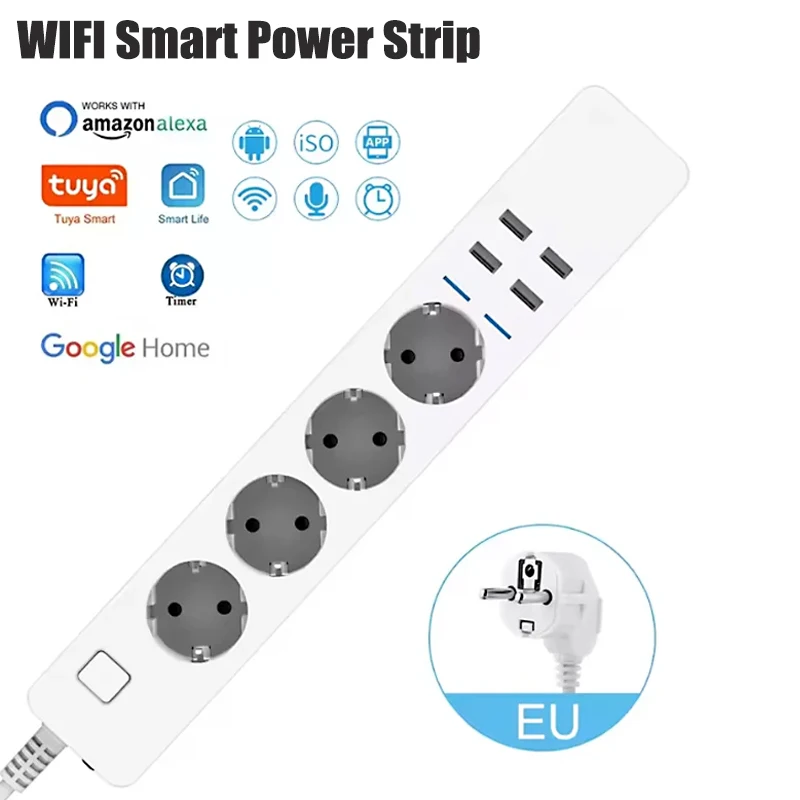 8-in-1 Multifunctional Sockets Smart Power Strip Wifi 4 EU Outlets Plug 4 USB Charging Port Timing App Control Extension Socket