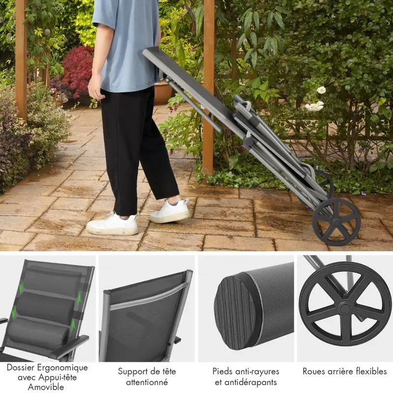 Chaise longue pliante de patio réglable avec roulettes