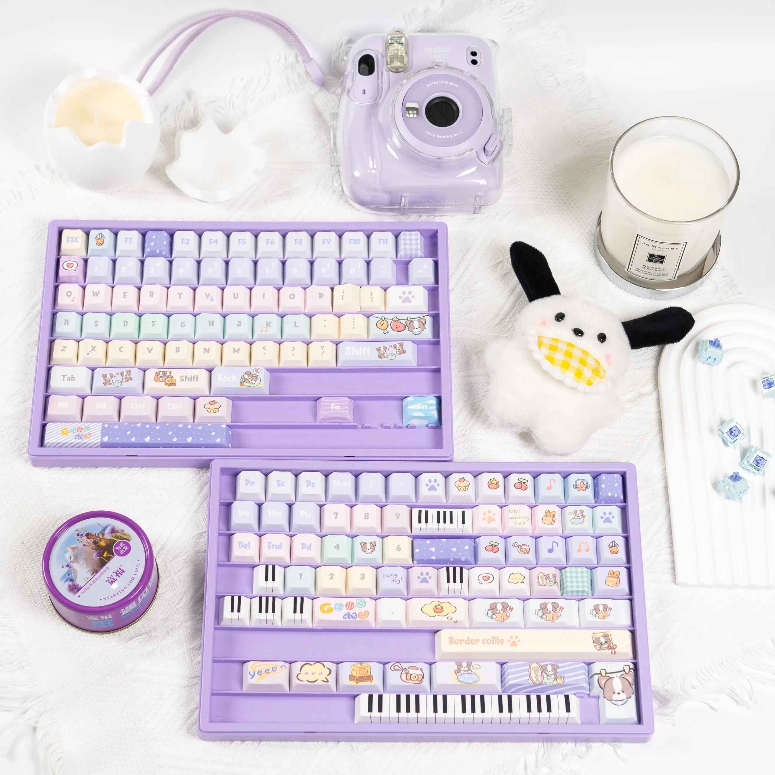 Filhote de cachorro Border Collie Keycap bonito, Lavanda Nota Piano Key, Macaron Azul Roxo, PBT Cereja, Candy Color, 141Key