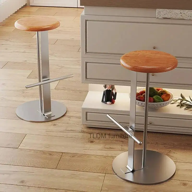 

Modern Solid Wood Bar Chairs for Kitchen Silver Fixed Round 65/75cm High Stool Simple Creative Household Bar Stools for Island