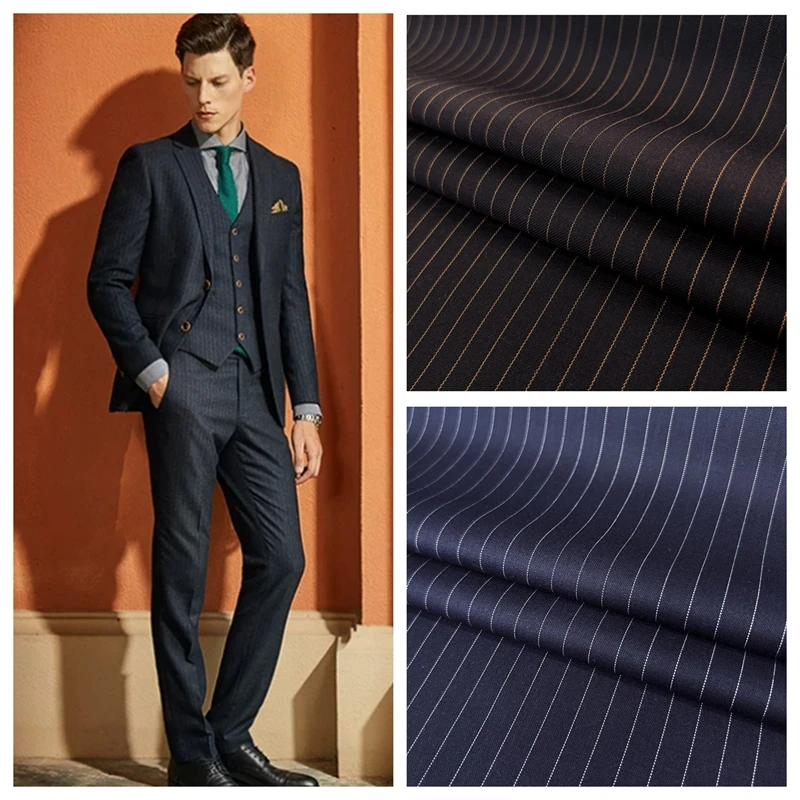 High Quality Striped Worsted Suit Fabric By The Meter for Clothing Pants Vests Sewing Good Drape Wrinkle Resistant Cloth Black