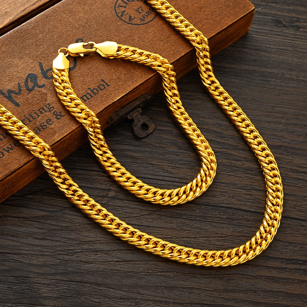 Bangrui Width 7mm Cuba Link Chain Gold Color Necklace&Bracelet for Men Women Jewelry Gift