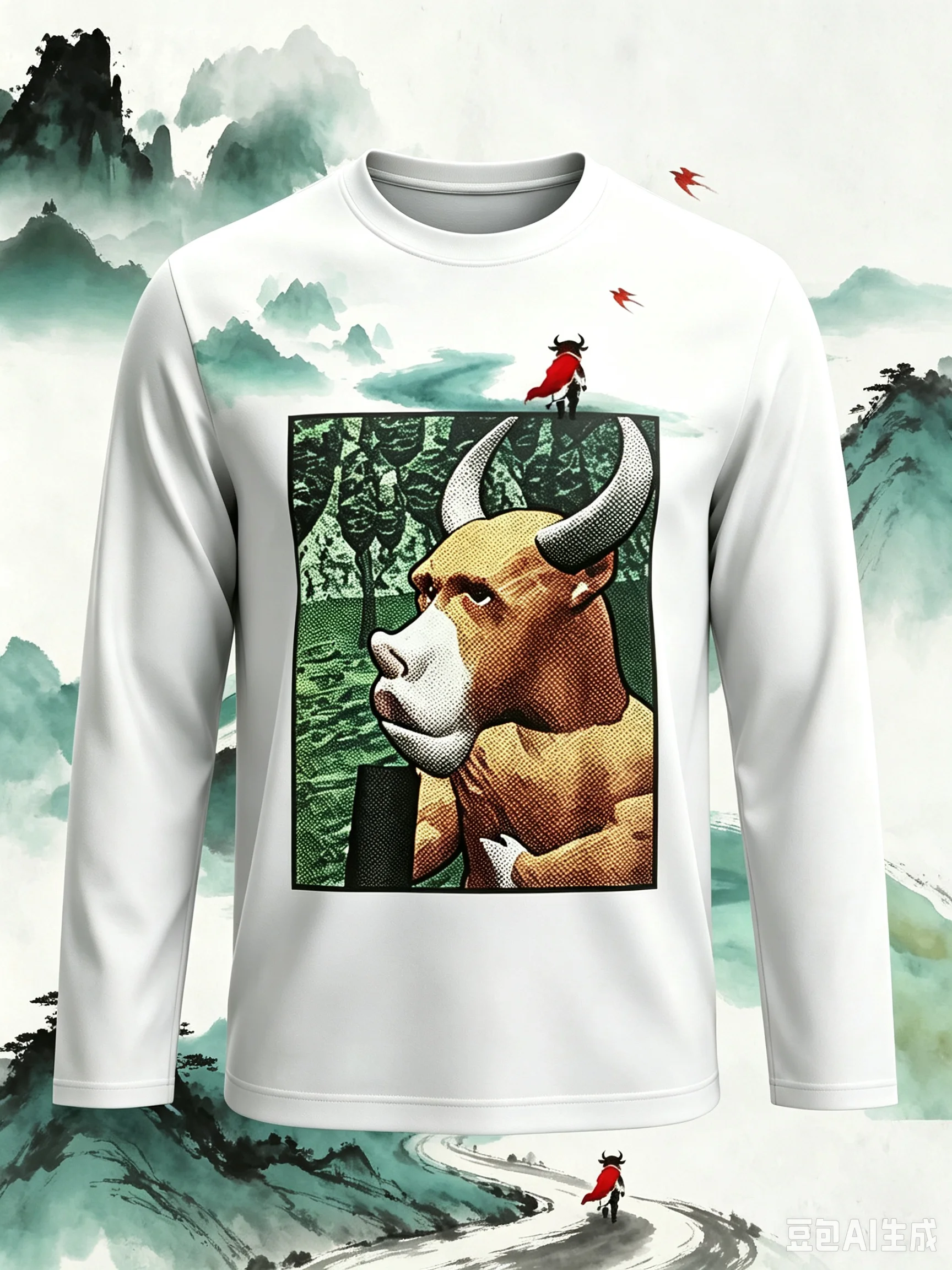 New round neck long sleeved T-shirt Y2K style 3D printed with cow pattern print straight sleeve cuffs casual T-shirt