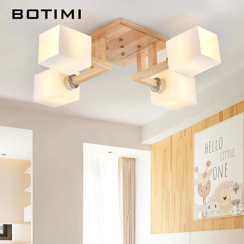 BOTIMI Natural Wood Ceiling Lights For Living Room Cube Glass Lampshades Ceiling Mounted Bedroom