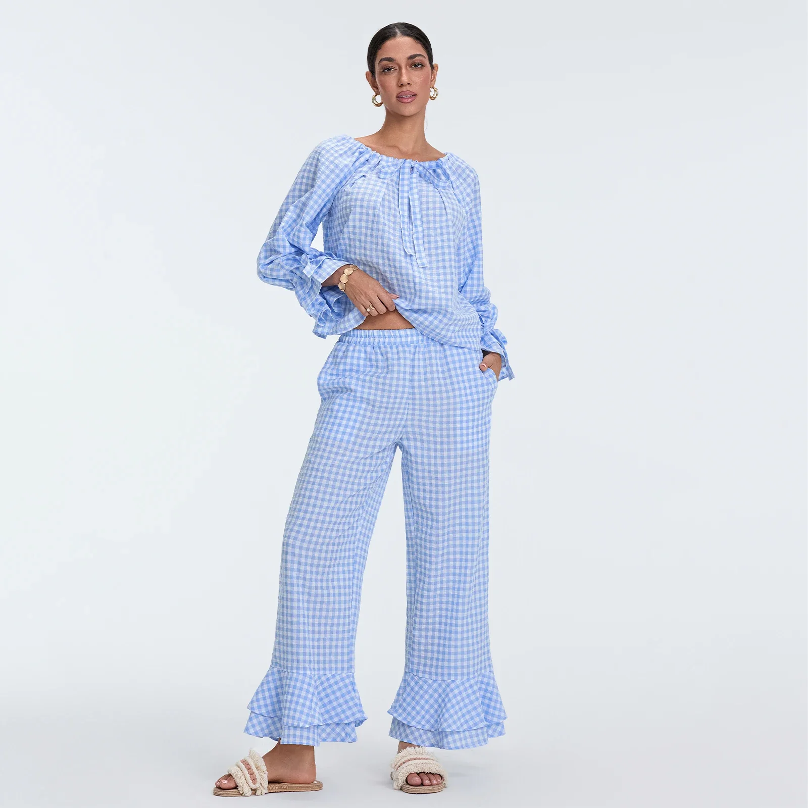 Women's Lounge Wear Sets Fall Spring Plaid Long Sleeve Scoop Neck Tops Elastic Waist Layered Ruffle Pants 2 Piece Sleepwear Sets