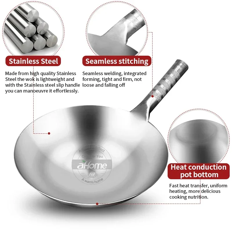 32cm Stainless Steel Wok 1.8mm Thick High Quality Chinese Wok Traditional Non Stick Rusting Gas Wok Cooker Pan Cooking