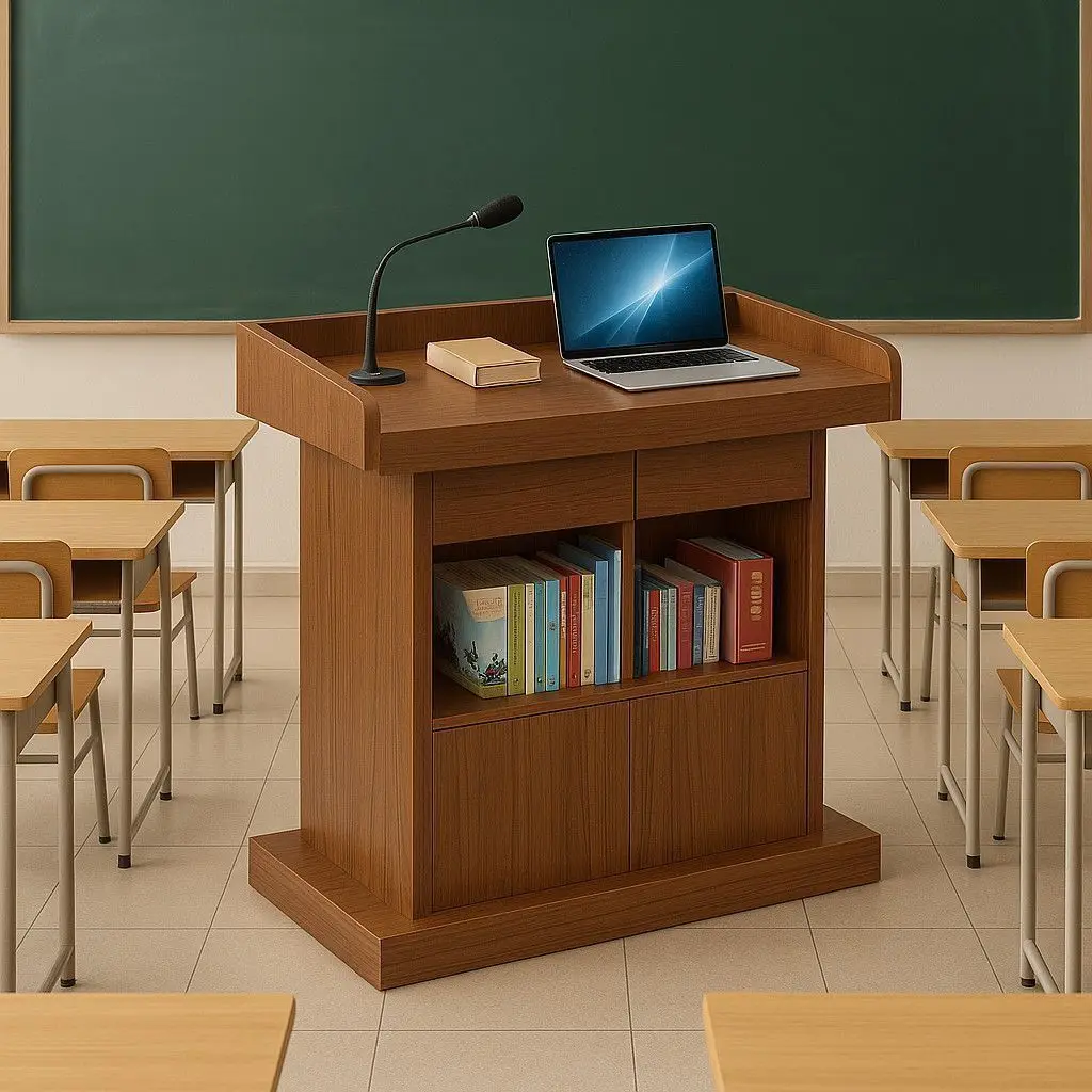 

Кафедра на платформе, простая и современная приветственная стойка регистрации, трибуна и консультация гостей пристраилась за подиумом