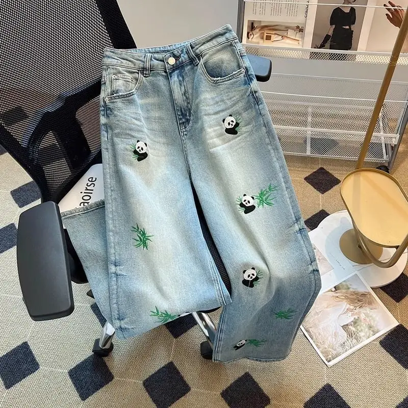 Embroidered Panda Straight Jeans Female Summer High Waist Design Sense Casual Fashion Temperament Slim Wide-leg Pants