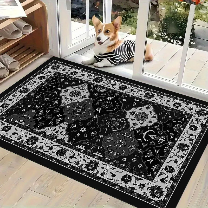 Norse inspired 2D printed entrance mat with Vegvísir compass runes eagles wolves and sun symbols for cultural decor spaces