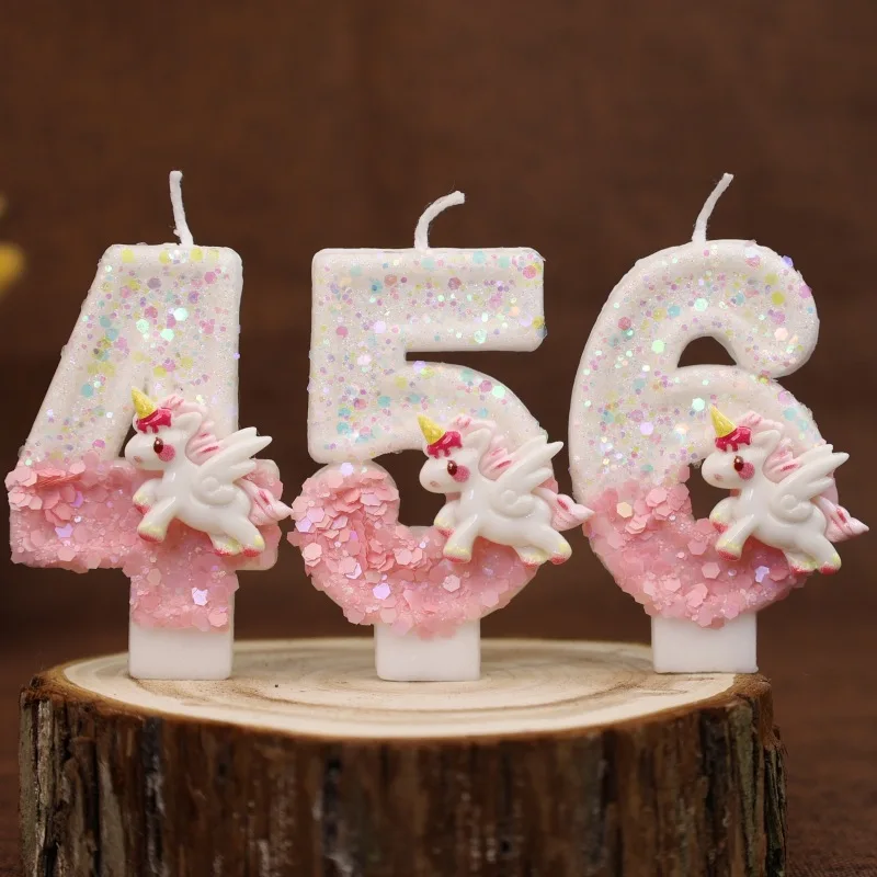 Happy Birthday Candles Pink Unicorn 4 Year Baby Candle Decoration For Cake Glitter Birthday Candle Party Anniversary Decorate