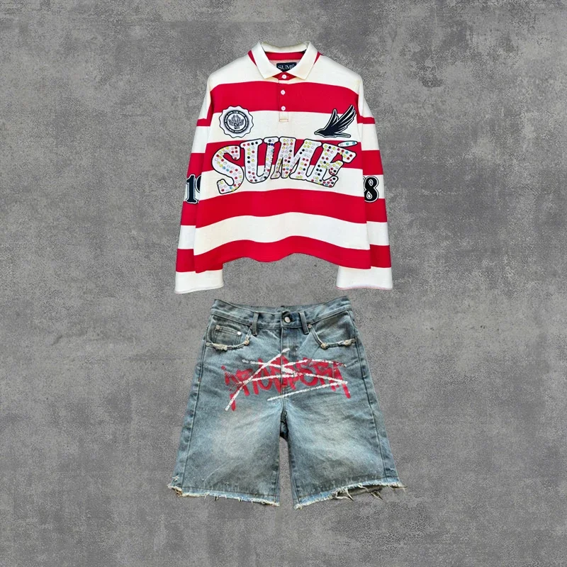 Conjunto de camisa Polo a rayas con bordado de diamantes de Rugby clásico Retro Y2K, camisas de manga larga de gran tamaño, Unisex, 2 uds.