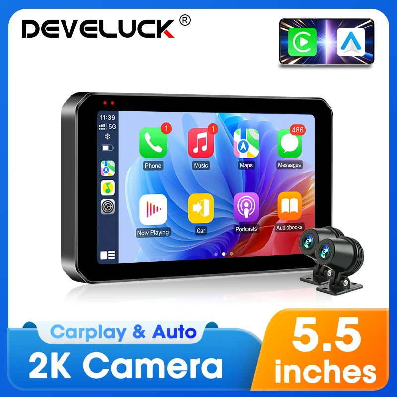 Develuck 5.5 بوصة IP67 مقاوم للماء للدراجات النارية Carplay GPS الملاحة أندرويد السيارات الدراجات النارية DVR محرك مسجل موتو 2K مراقب #1