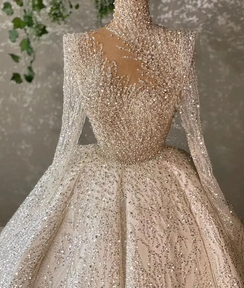 Luxurious Sequined Shiny Wedding Dresses High Neck Long Sleeves Bridal Gowns Customized See Through Illusion Vestido de novia