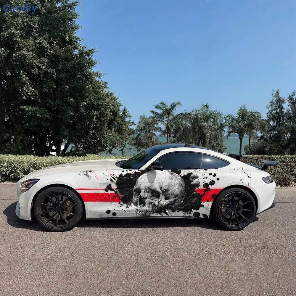 2pcs Red & Black Color-Block Skull Car Side Wraps, Self-Adhesive PVC Waterproof & Scratch-Resistant Stickers, Car Accessory Gift