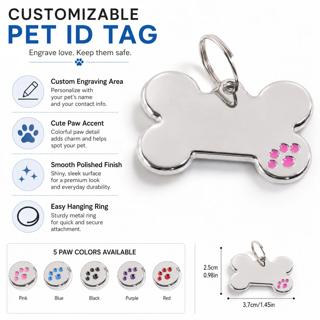 Custom Text Dog Tag, Laser Engraved Address and Number, Anti-Loss Steel Name Dog Tag, Paw Print Personalized Name Pet Tag