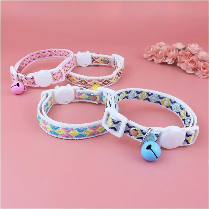 Pet Supplies Cat Collar Anti-choking Collar Cat Face Buckle Ethnic Jacquard Cat Collar with Bell Adjustable Safety Necklace