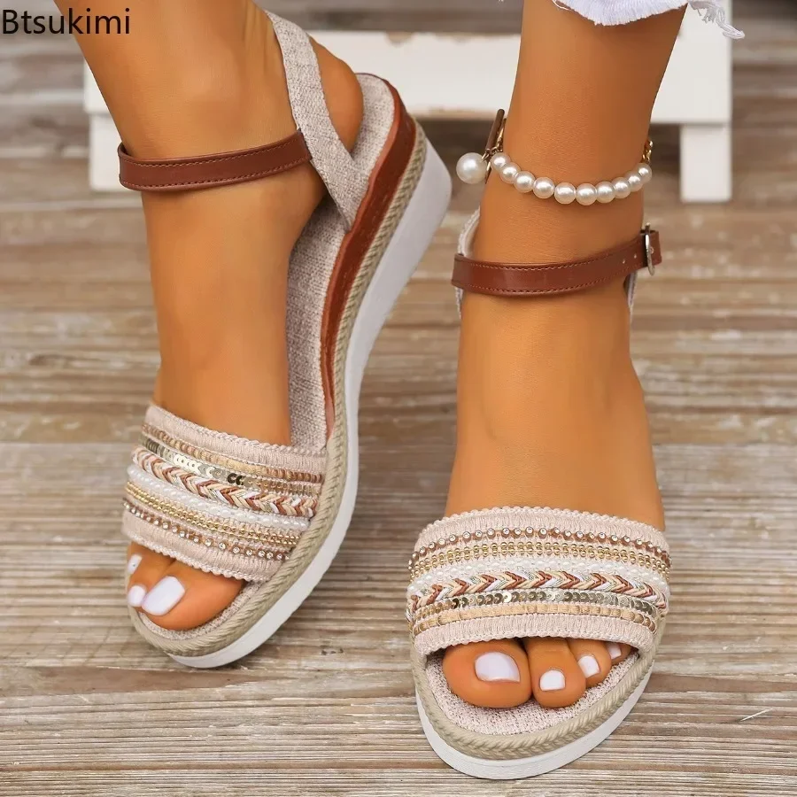 Sandalias informales trenzadas de verano 2025, sandalias de cuña con plataforma y correa con hebilla a la moda, zapatos ligeros antideslizantes para caminar para mujer